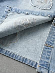 ROMWE MEN Street Life Áo thun nam tay ngắn denim dáng rộng, thêu họa tiết, phong cách thường ngày, đã qua xử lý mài mòn. - Màu xanh lam - Xem 7