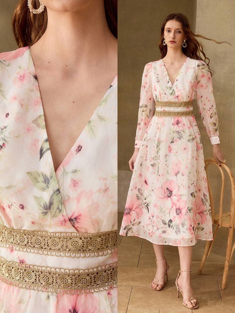 WOMEN'S V-NECK DITSY FLORAL WAIST CINCHED CONTRAST LACE DRESS