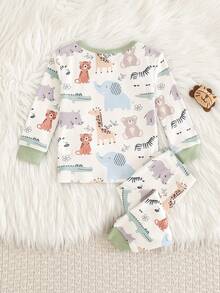 Cozy Pixies Bộ đồ ngủ 2 mảnh cho bé trai/bé gái, in hình động vật hoạt hình, chất liệu mềm mại, cổ tròn, tay dài và quần ôm sát. - Nhiều màu - Xem 2
