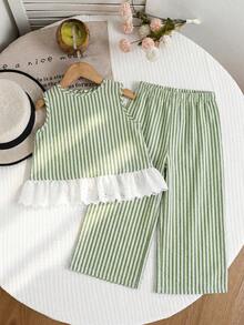 Emery Rose Kids Emery Rose Kids 2件套少女格子圆领休闲背心和裤子套装 - 綠色 - 查看 8