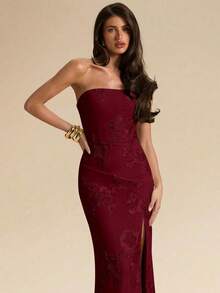 SHEIN BAE فستان أصفر بنسيج مُنقَّط بدون أكمام، فستان أنيق مُصمَّم بشكل بسيط وملائم للحفلات الصباحية، حفلات الزفاف، الحفلات الراقية، والعطلات على الشاطئ - عنابي اللون - مشاهدة 5