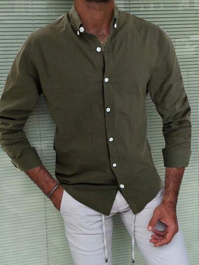 Manfinity Mode Men Solid Button Up Shirt Slim Fit Long Sleeve Plain Green Work Shirt, Fall Cotton