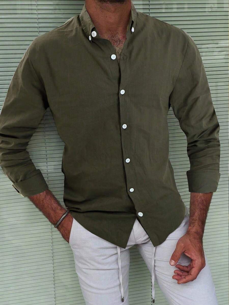 Manfinity Mode Men Solid Button Up Shirt Slim Fit Long Sleeve Plain Green Work Shirt, Fall Cotton - Army Green - View 1