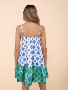 Coeurva Spring/Summer Vacation Woven Printed Patchwork Spaghetti Strap Mini Dress For Women - Multicolor - View 2