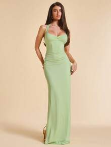 SHEIN BAE Đầm xẻ tà màu xanh lá cây cổ yếm xoắn nhún bèo, gợi cảm và dịu dàng cho kỳ nghỉ biển, hẹn hò. - màu xanh lá - Xem 5