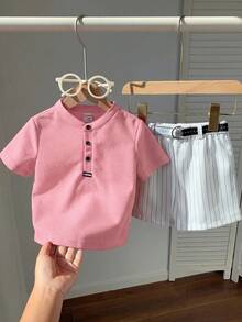 SHEIN 男婴夏季休闲红色领polo衫和白色条纹短裤两件套，适合生日派对、锐舞派对、晚宴、演出、婚礼、迎婴派对和一周岁生日庆祝活动。 - 藕粉色 - 查看 7