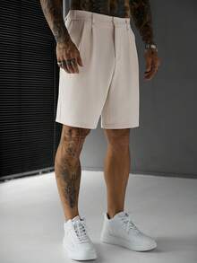 SLATEMANN Men's Beige Casual Shorts, Double Pleat Design, Fashionable Versatile Knee-Length Pants - Apricot - View 5