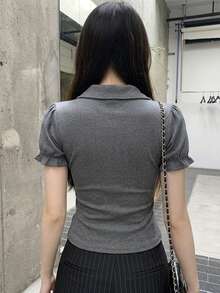DAZY 女款 Polo 領短袖刺繡單排扣時尚 T 恤，學院風夏季校園風 - 灰色 - 查看 2