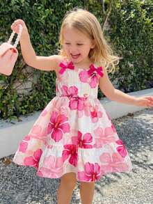 SHEIN Genkimix Kids 女童花卉印花A字裙配蝴蝶結裝飾，甜美仙女公主休閒套裝，適合日常穿著、度假、7歲生日、嬰兒洗禮，白色夏季款 - 彩色 - 查看 1