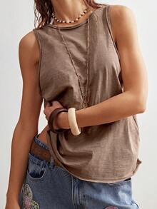 Bohemela Camiseta sin espalda de punto de unicolor para mujer, primavera/verano - Café integral - Ver 2