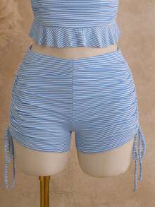 Swim Lushoire 女士夏季浅蓝色纹理面料吊带荷叶边腰部褶皱侧抽绳吊带背心和短裤比基尼套装 - 淺藍色 - 查看 7