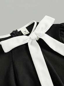 SHEIN Girlism 青少年女孩針織撞色蝴蝶結裝飾修身優雅舒適收腰純色長洋裝，適合春/夏、外出、優雅、派對、約會、重要家庭聚會、返校季節 - 黑與白 - 查看 7