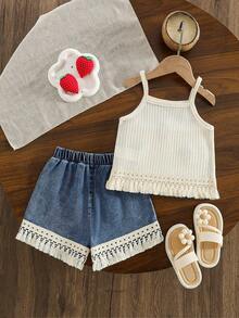 SHEIN Vintaside Kids 2pcs/Set Young Girls Strawberry Decor Tassel Hem Jacquard Vest Top & Denim Shorts,Summer Matching Outfits For Family Vacation Festival Retro Clothes - Multicolor - View 3