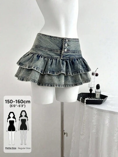 SHEIN PETITE 女士复古弹力竹节纽扣高腰荷叶边牛仔A字裙