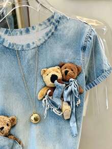 Resyla Áo thun tay ngắn dệt kim kiểu dáng thường ngày, phối denim và họa tiết gấu bông dành cho nữ. - trắng - Xem 4