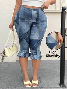 Muchica Quần legging mùa hè dáng ôm, phối màu tương phản, viền bèo nhún, cỡ lớn. - Nhiều màu - Xem 3