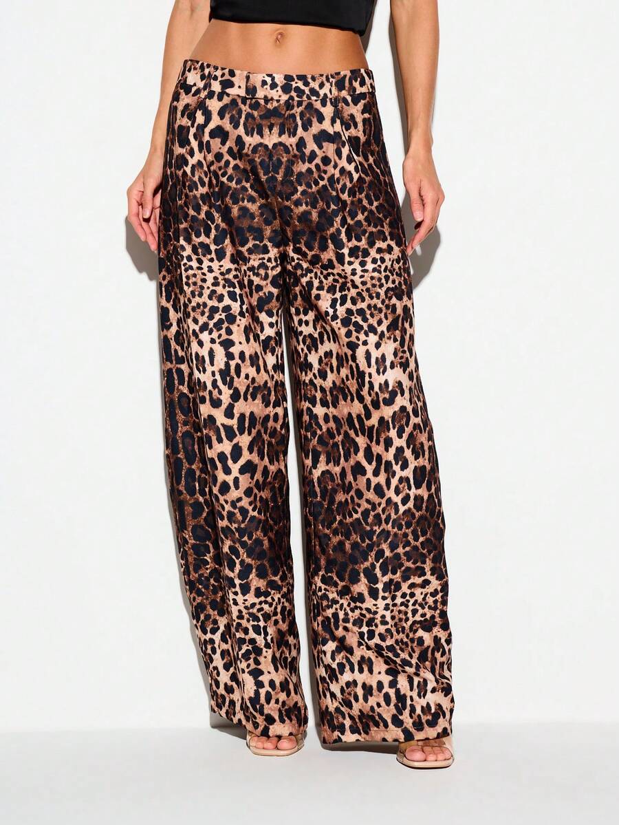 KIZN Pantalón de pierna ancha con estampado de leopardo, estampado animal en toda la prenda y cintura media - Multicolor - Ver 1