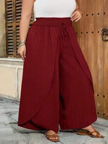 SHEIN CURVE+ Quần ống loe dáng suông, size US22, thích hợp cho các lễ hội âm nhạc, kỳ nghỉ biển, phong cách bohemian, màu trơn, thời trang thường ngày, phù hợp mặc mùa hè. - Màu Đỏ Sâu - Xem 5