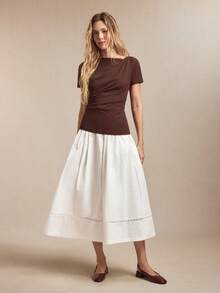 BizChic Women's Dark Brown Summer Elegant Office T-Shirt,Asymmetrical Shoulder Design Ruched Short Sleeve Tee,Versatile For Casual,Commute,Party,Beach,Wedding - Brown - View 3
