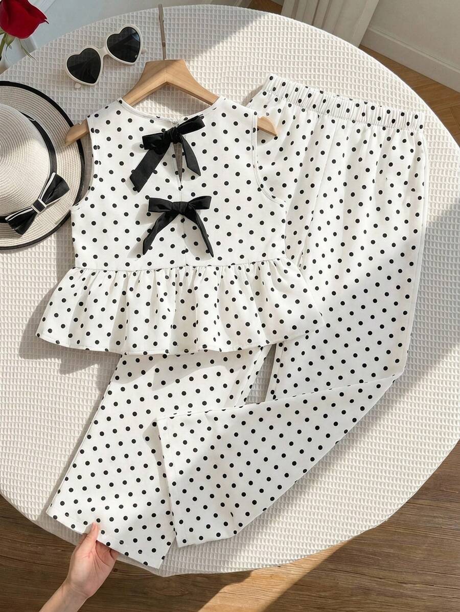 SHEIN 2件套少女碎花无袖上衣和宽松休闲裤套装 - 黑與白 - 查看 1