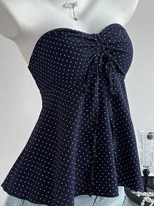 SHEIN PETITE 复古波点印花束腰A字连衣裙上衣，女士春夏款 - 藏蓝色 - 查看 5