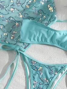 Costavie Bộ 3 món đồ bơi nữ gợi cảm đi biển xuân hè, áo crop top hai dây vải sequin vân nổi, áo bra và quần bikini buộc dây bên hông - Màu xanh bạc hà - Xem 7