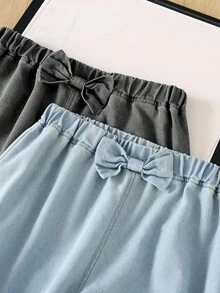 SHEIN 2pcs Tween GirlsJeans Set, Front Waist Bow Decor Design, Sweet & Minimalist, Casual Versatile, Elastic Waist Straight Leg Pants, Soft Cotton Blend Light Blue + Grey Washed Denim Fabric, Suitable For Daily Wear & Vacation - Multicolor - View 7