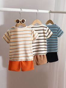 SHEIN 6pcs/Set Young Boy Summer Waffle Stripe Short Sleeve T-Shirt And Shorts 2 Pieces Set - Multicolor - View 2