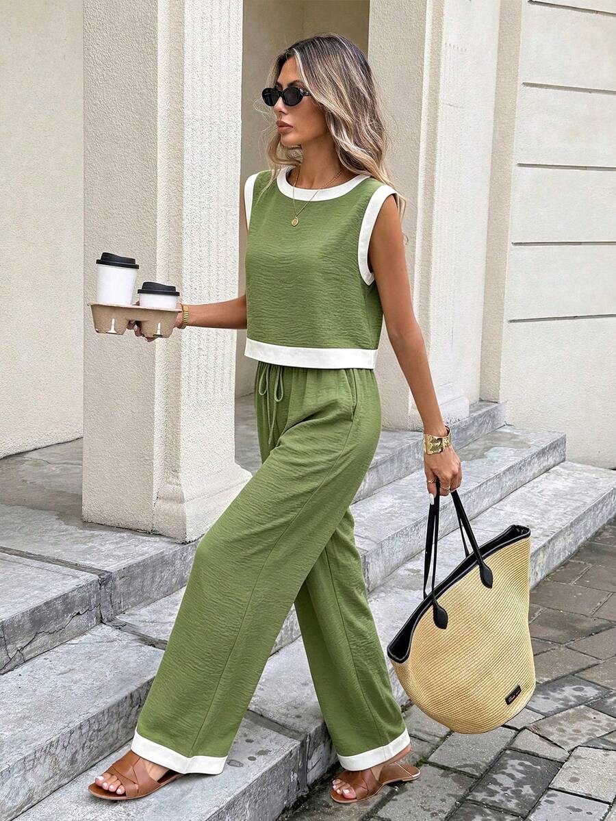 Serisse Women's Summer Casual Vacation & Commute Contrast Trim Cropped Tank Top And Wide Leg Pants 2 Pieces Set - Green - View 1