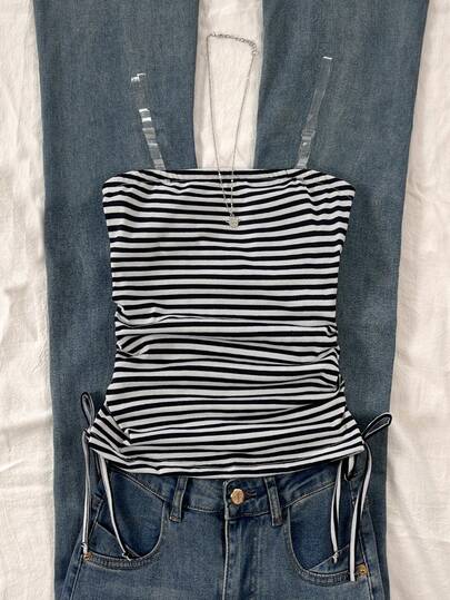 Tween Girls' Summer Casual Striped Transparent Strap Camisole