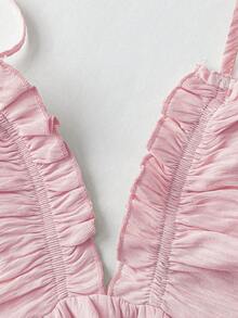 SHEIN CURVE+ New Vacation Elegant Sexy Beach Resort Textured Fabric Deep V Neck Ruffle Trim Spaghetti Strap Dress, Waist Cinched, Flattering, Spring/Summer - Pink - View 6