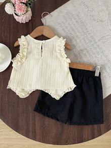 SHEIN Baby Girls' Light Green Ruffle Bow Vest Top Paired With Apricot Casual Shorts, Cute Outfit For Daily, Vacation, Commute - Black and White - View 2