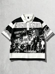 ROMWE MEN Street Life 2026 男士休闲短袖 Polo 领 T 恤，学院风印花条纹上衣 - 彩色 - 查看 5