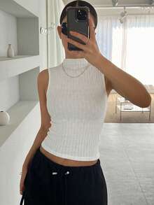 DAZY 女款素色立領修身細肩帶背心 - 白色 - 查看 4