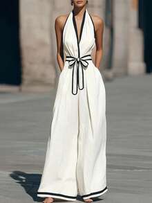 SHEIN Holidaya Bộ jumpsuit ống rộng cổ yếm buộc dây màu đen trắng phối tương phản, jumpsuit trắng, trang phục đi nghỉ mát, jumpsuit du lịch dành cho nữ. - Đen và trắng - Xem 4