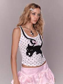 ROMWE Kawaii Áo hai dây chấm bi nữ Coquette dễ thương, tinh nghịch, họa tiết mèo và bướm, phù hợp mọi dịp. - trắng - Xem 6