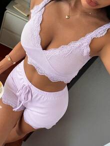 DAZY 2pcs Lace Patchwork Cropped Camisole And Shorts Pajama Set For Women, Summer - Purple - View 7