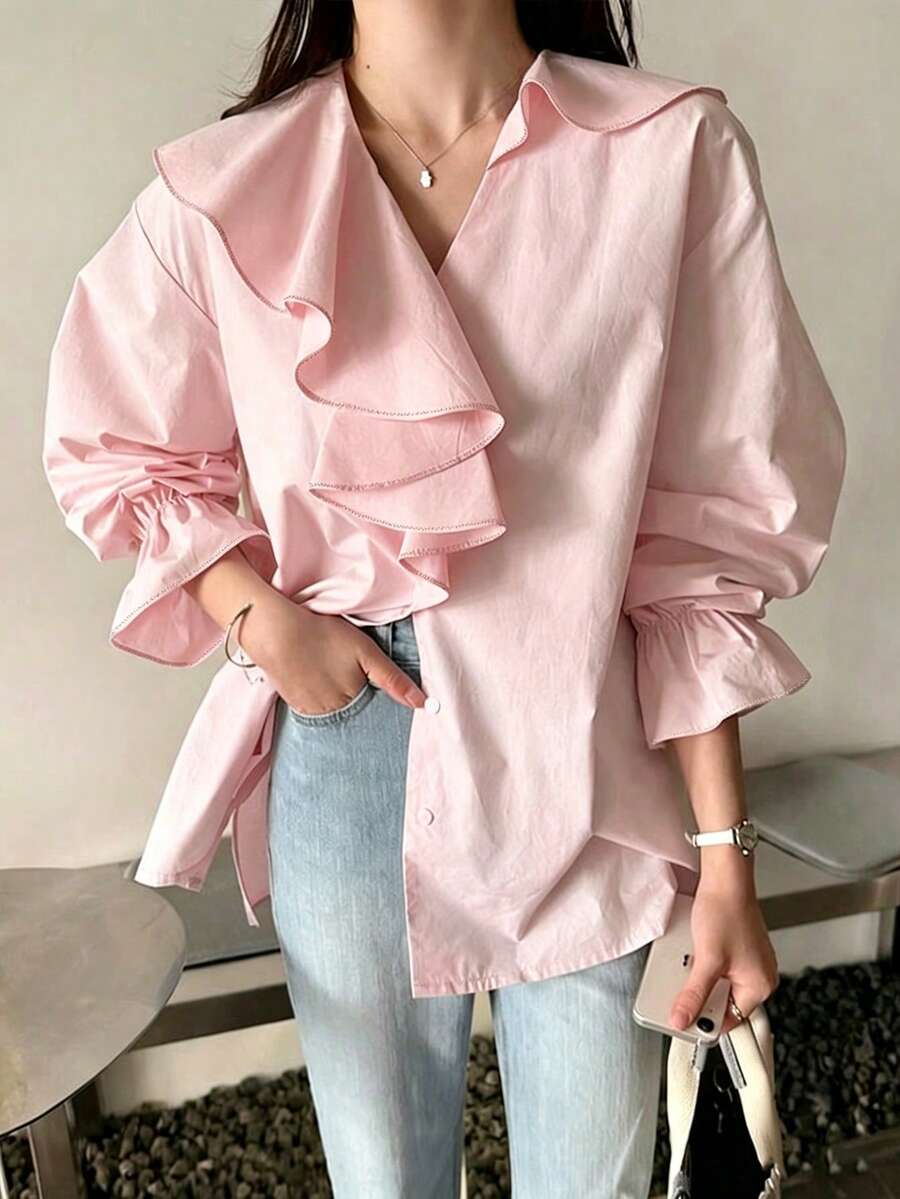 INAWLY Elegant V-Neck Ruffle Patchwork Loose Blouse - Pink - View 1
