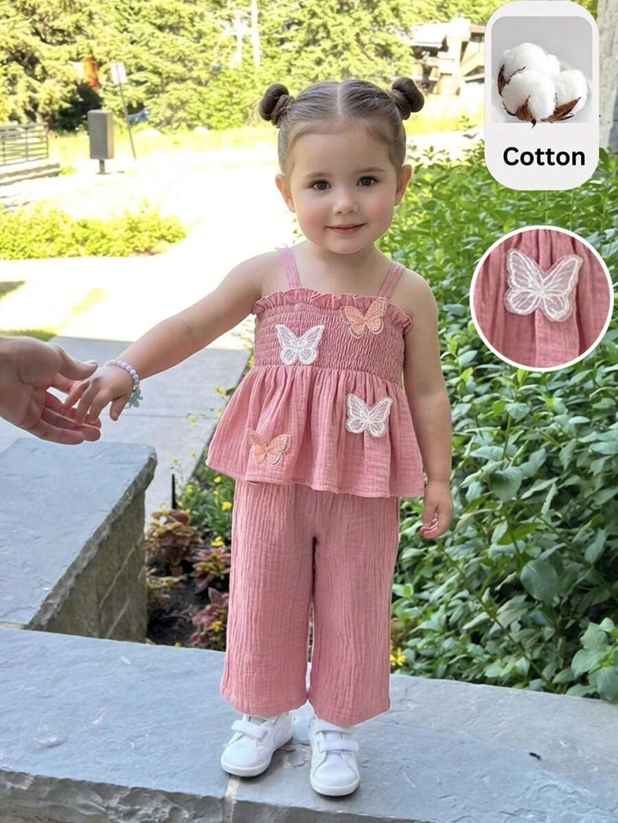 Cozy Pixies Babygirl Cute Summer Pink Chiffon Butterfly Decor Camisole Top And Elastic Waist Pants Set - Dusty Pink - View 1