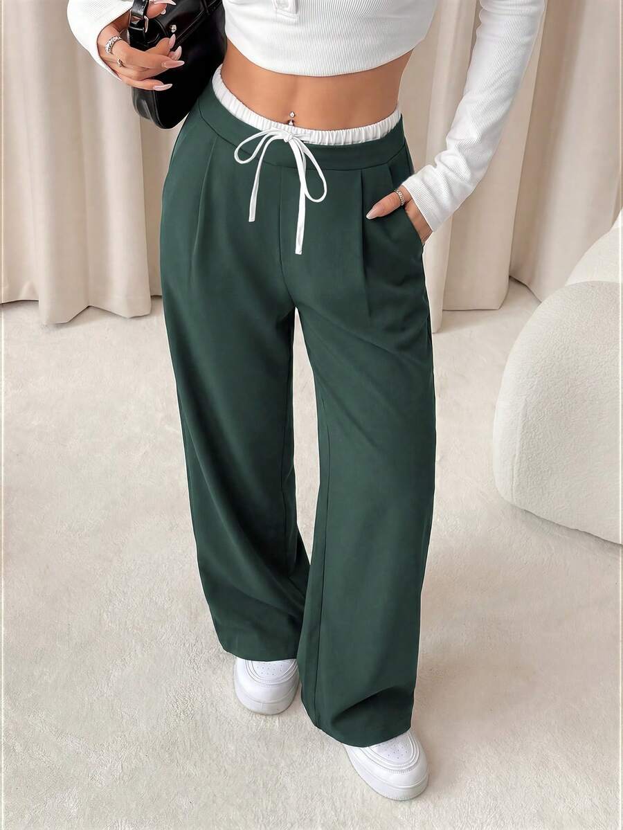 SHEIN PETITE 女款拼色休閒日常長褲,女士春秋抽繩口袋自然寬腿黑色鬆弛小個女款 - 墨綠色 - 查看 1