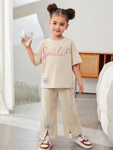 SHEIN Young Girls & Toddler Summer Family Matching Slogan Print Dropped Shoulder T-Shirt & Casual Pants 2pcs/Set,Tracksuit Outfits For Back To School Wear - Khaki - View 3