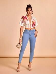 Glamance myriadwaveart Áo ngắn tay ôm body co giãn, cổ chữ V sâu, tay cánh dơi, họa tiết hoa, nút kim loại, phong cách thanh lịch trưởng thành, casual sexy, phù hợp đi chơi, đi làm, công sở, mặc hằng ngày, tiệc tùng, khách mời đám cưới, phù dâu, sinh nhật, du lịch, đi Trung Đông, đi biển, cocktail, mùa hè - Màu Hồng baby - Xem 7