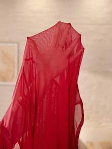 Slumberist Plus Size Women's Sheer Mesh Sexy Red Lace Side Slit Ruffle Trim Nightgown - Red - View 8