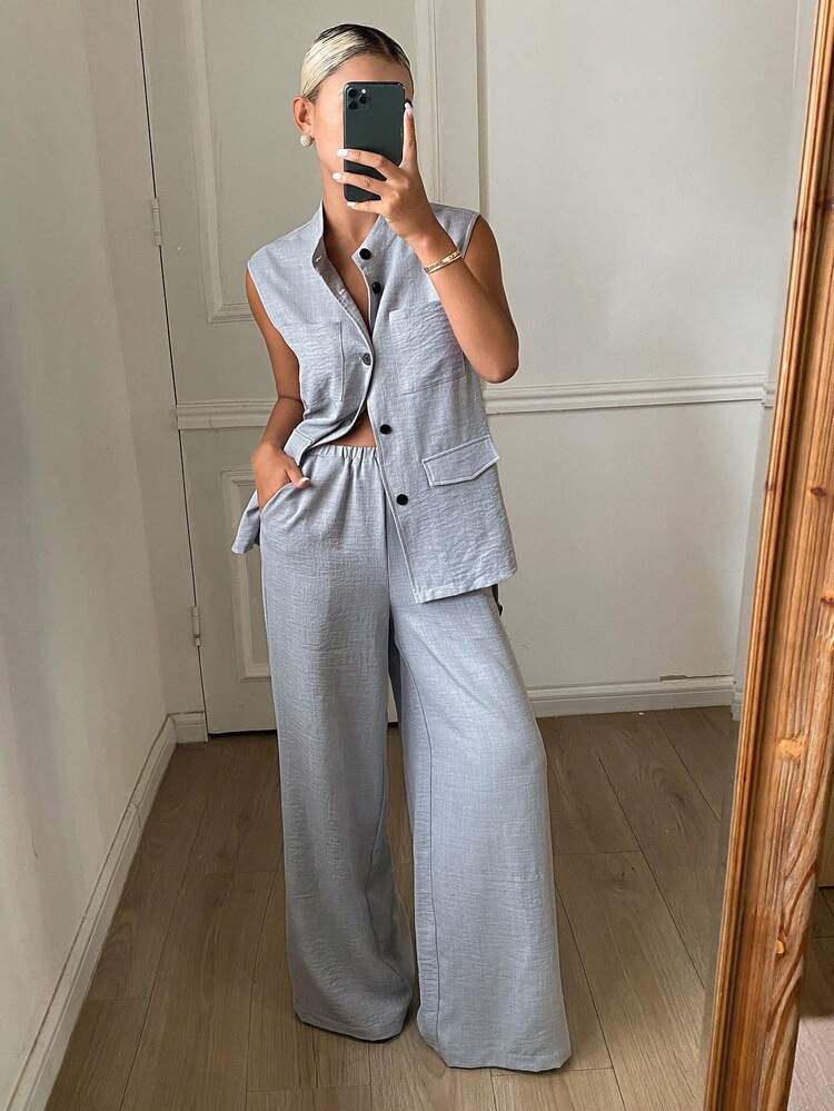 Women's Sleeveless Collared Top With Belt And Loose Straight Leg Pants, 2 Pieces Casual Suit Business Casual Woman