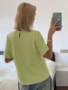 DAZY 女款純色寬鬆短袖圓領百褶休閒度假夏季上衣襯衫校園風 - 綠色 - 查看 4