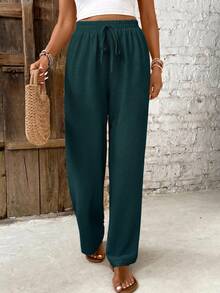 SHEIN Frenchy Women's Solid Color Knotted High Waist Pleated Casual Pants - Dark Green - View 4