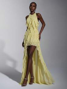 Elitara Elegant Minimalist Multi-Layered Ruffled Cold Shoulder Asymmetrical Fishtail A-Line Romantic Women's Formal Evening Gown - Light Yellow - View 4