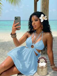 Vestido corto de mujer de crepé blanco con escote halter, encaje, parches y falda paraguas calada, versátil, casual y elegante, adecuado para vacaciones, viajes, playas, zonas coste - azul real - Ver 11