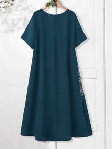 Rusticease Plus Size Solid Color Printed Patchwork Round Neck Short Sleeve Dress - Teal Blue - View 2