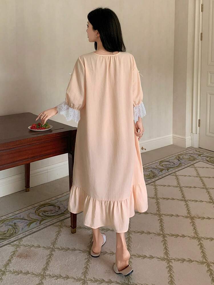 Women's Lace Patchwork Long Sleeve Bow Decor Loose Ruffled Hem Nightgown
